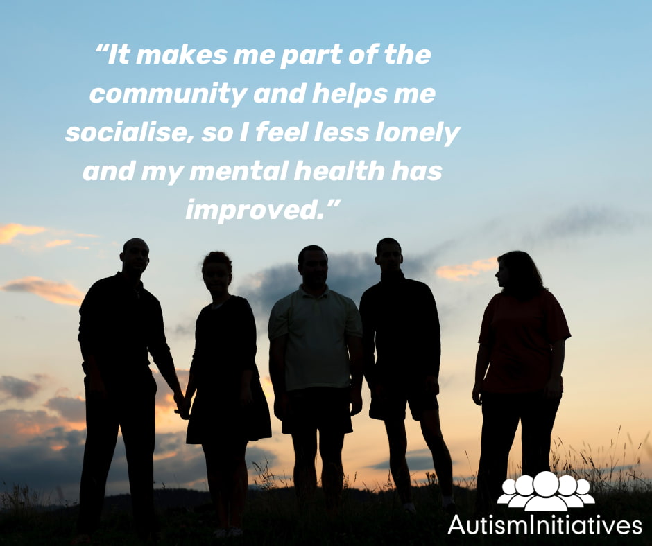 Group of people at sunset representing friendship, community and improved mental health through autism support.