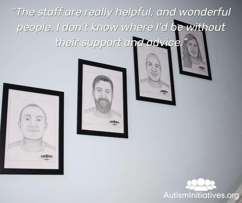 Framed portraits representing the helpful staff and trusted autism support provided by Autism Initiatives.